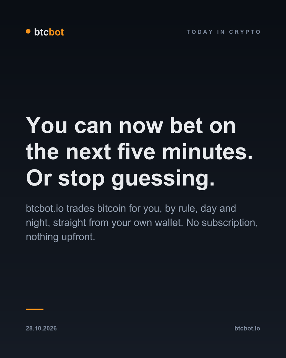 btcbot_io's tweet photo. @Polymarket now lets you bet on where $BTC will be in five minutes.

Or you could stop guessing. https://t.co/Fh4dyPK40M trades bitcoin for you, by rule, day and night, straight from your own wallet. No subscription, nothing upfront. https://t.co/IuooJUbm7P
