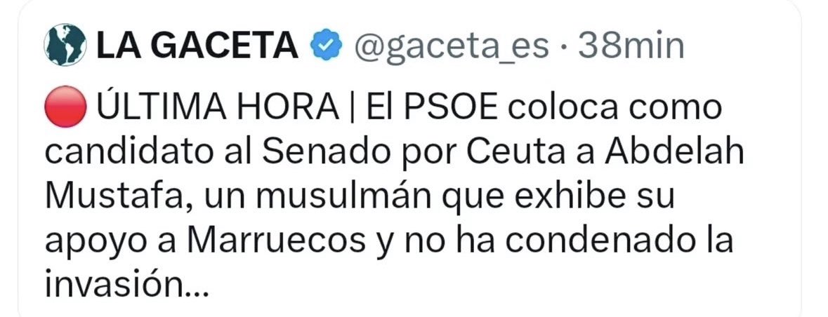rosadiezglez's tweet photo. El candidato de Sánchez en Ceuta se llama Abdelah Mustafá. El candidato de Mohamed VI en España se llama Pedro Sánchez. https://t.co/ZGoDOHmy81