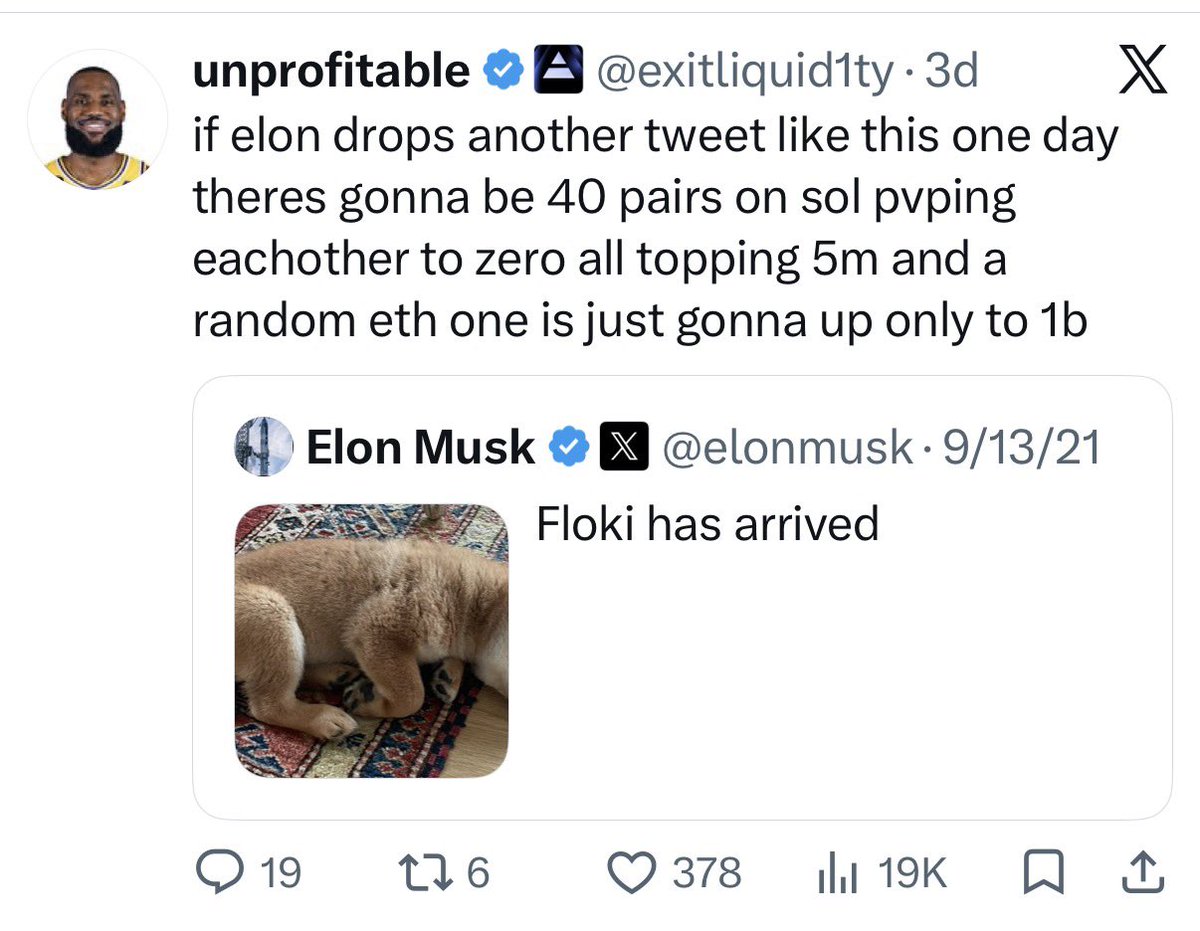 FlokiOnSolana's tweet photo. We’ve all seen this tweet 100 times from KOLs referencing the only time Elon has ever posted a dog, and nonetheless, its a shiba inu

Debates over what this would go to in todays market became a super controversial talking point, as many have even speculated this is elons day

Many estimate this would be a 5 mil topper

So heres what i propose

We run $Floki paired to Elon's company SPCX as a communityWe use this coin to mark the absolute bottom of memecoins.

is at an all time low although record aths of the most wallets on chain were broken just yesterday

Everyone needs something to believe in. A simple dog narrative and no better than to run the dog Elon himself said was his

Pepe spawned in these market conditions through pure strength and belief from its community

This is an opportunity to rally the bulls and find something we can all come together and push

Floki has arrived.

HwkneetVKZap9ZAqpAa6BAGbJmwSK4UyJnZwwitppump