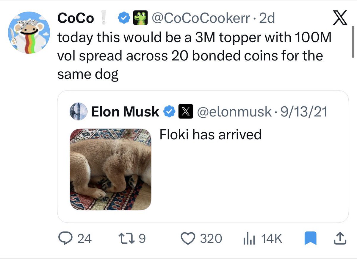 FlokiOnSolana's tweet photo. We’ve all seen this tweet 100 times from KOLs referencing the only time Elon has ever posted a dog, and nonetheless, its a shiba inu

Debates over what this would go to in todays market became a super controversial talking point, as many have even speculated this is elons day

Many estimate this would be a 5 mil topper

So heres what i propose

We run $Floki paired to Elon's company SPCX as a communityWe use this coin to mark the absolute bottom of memecoins.

is at an all time low although record aths of the most wallets on chain were broken just yesterday

Everyone needs something to believe in. A simple dog narrative and no better than to run the dog Elon himself said was his

Pepe spawned in these market conditions through pure strength and belief from its community

This is an opportunity to rally the bulls and find something we can all come together and push

Floki has arrived.

HwkneetVKZap9ZAqpAa6BAGbJmwSK4UyJnZwwitppump