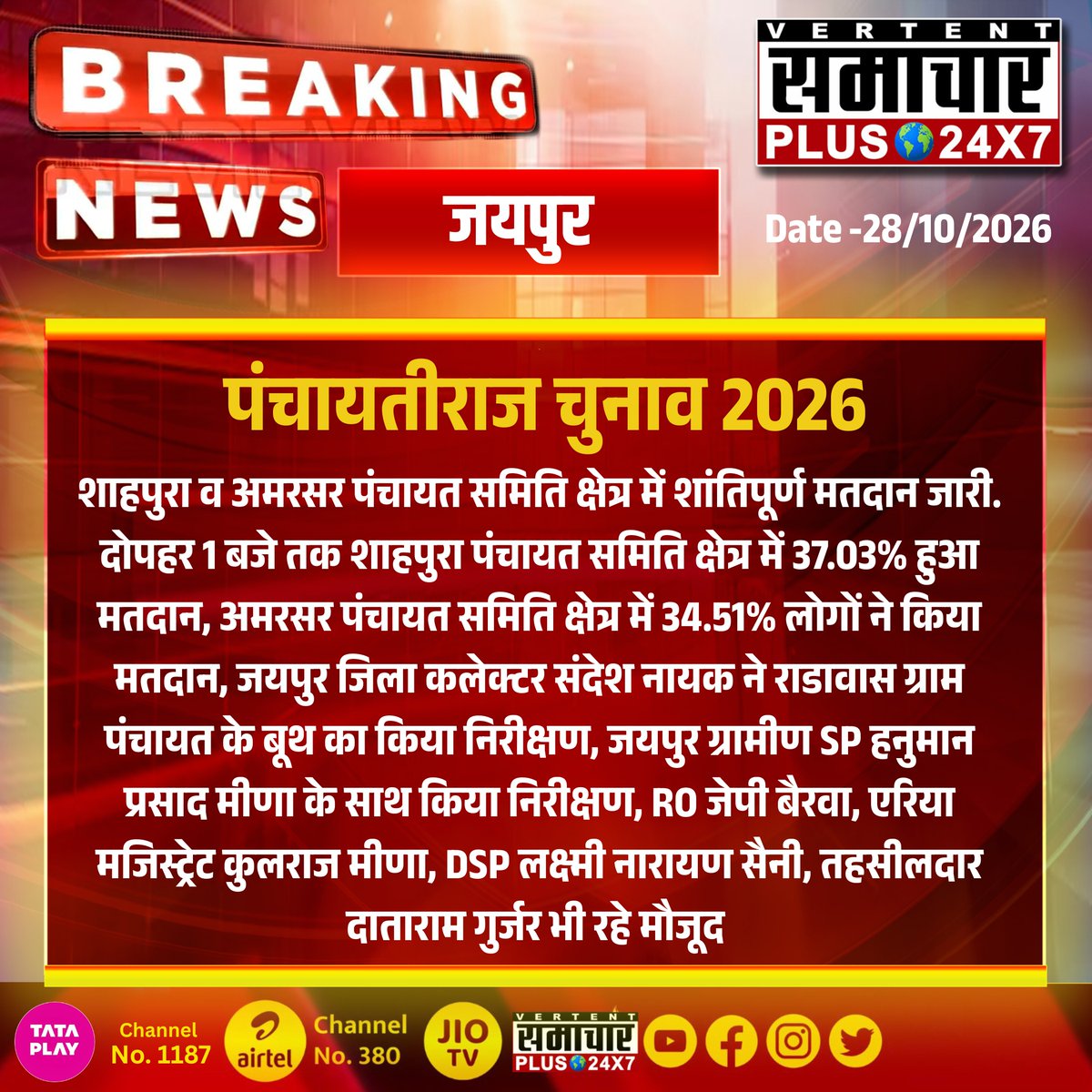 SamacharPlus360's tweet photo. #जयपुर
पंचायतीराज चुनाव 2026
शाहपुरा व अमरसर पंचायत समिति क्षेत्र में शांतिपूर्ण मतदान जारी...

#samacharplus24x7 #TopNews #NewsUpdate #BreakingNews https://t.co/rZNzhxejy2