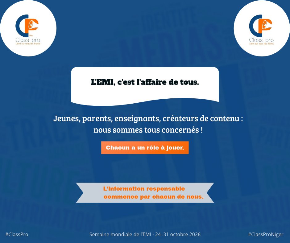 class_pro_niger's tweet photo. « Dans l'ère numérique, chaque citoyen est un éditeur potentiel. Mais avec ce pouvoir vient la responsabilité de vérifier les faits. »
– Ethan Zuckerman, chercheur en médias
#ÉducationAuxMédias #ClassPro #ClassProNiger #GlobalMilWeek2026 #WeAllPlayAPart
1/n https://t.co/MTQbnHy31Z