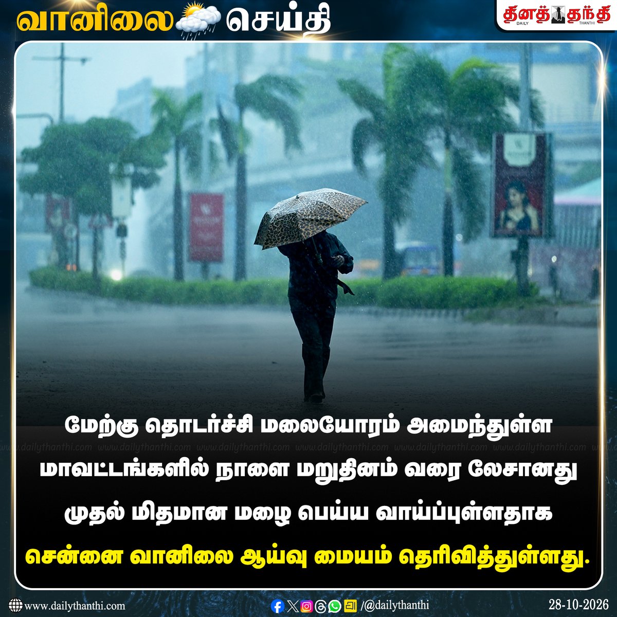 dinathanthi's tweet photo. #WeatherUpdate | மேற்கு தொடர்ச்சி மலையோரம் அமைந்துள்ள மாவட்டங்களில் மழைக்கு வாய்ப்பு!

#TNRains | #TNWeather | #RainUpdate | #WeatherForecast | #DailyThanthi https://t.co/6KeJcUjCtW