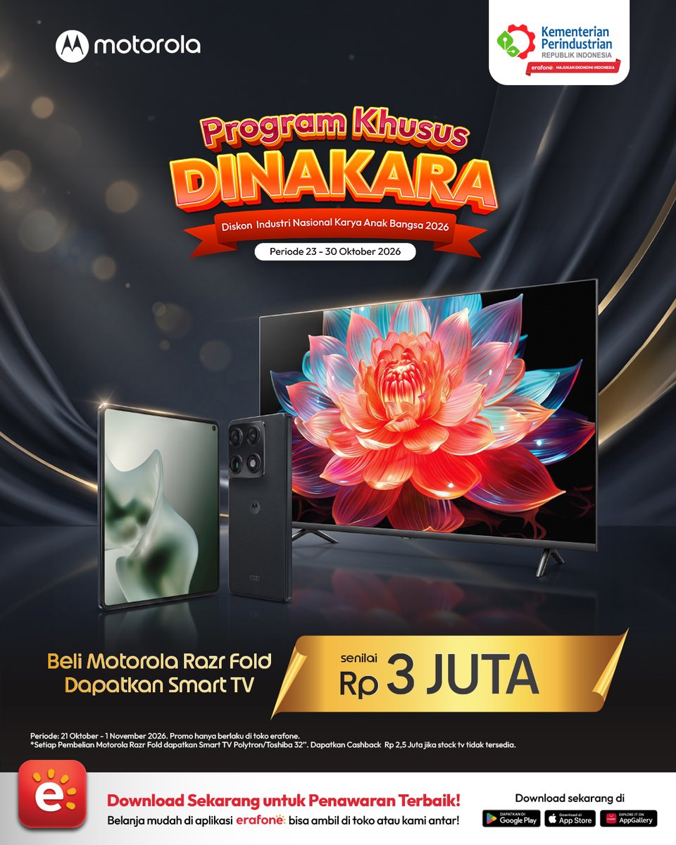 ErafoneStore's tweet photo. 𝐦𝐨𝐭𝐨𝐫𝐨𝐥𝐚 𝐫𝐚𝐳𝐫 𝐟𝐨𝐥𝐝 dengan layar utama 8,1 inci beresolusi 2K buat nonton, kerja, sampai multitasking terasa lebih lega. Chipset Snapdragon 8 Gen 5 siap diandalkan untuk produktivitas maupun berkarya. Apalagi kamu bisa dapat bonus Smart TV selama masa periode sob.

Dapatkan sekarang di toko erafone, https://t.co/mCXkbi8k5O, atau Aplikasi erafone.