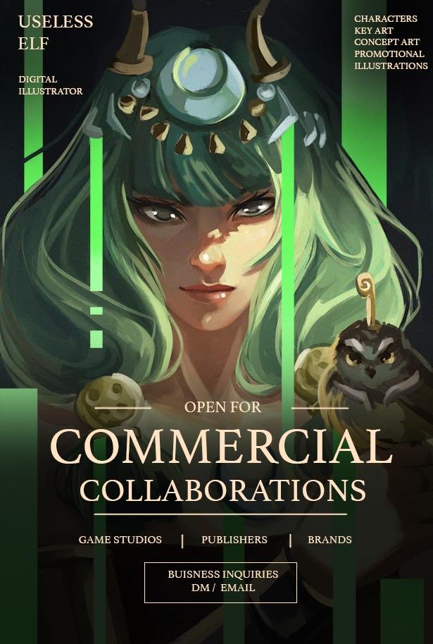 Useless_Elf's tweet photo. ✦ OPEN FOR COMMERCIAL WORK ✦

I’m looking to collaborate with game studios, publishers, and creative teams worldwide!

I specialize in expressive character art, key visuals, and promotional illustrations.

✉️ Available for projects - let’s talk!

Shares are greatly appreciated! 💚