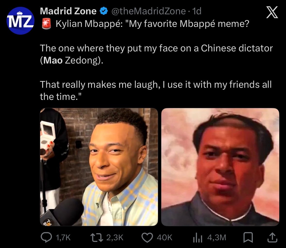 SeputarMadrid's tweet photo. THIS DUMBASS ACCOUNT, @theMadridZone, CAUSED INTERNATIONAL FRICTION karena secara spesifik kasih keterangan dalam kurung satu tokoh padahal Mbappé di wawancaranya nggak menyebut nama.

Sempet lihat @MadridXtra juga posting wawancara Mbappé itu tapi nggak ingat betul apakah mereka kasih keterangan dalam kurung nulis satu tokoh spesifik atau tidak — sekarang postingan itu mereka hapus.

@Thebridge_show juga tolol nanya begituan. Mereka juga sudah buat pernyataan minta maaf.

Mbappé ini dari awal udah bilang kalo dia gak nyaman sama meme itu karena terms "dicta*or" itu bernuansa negatif karena banyak nyawa manusia yang hilang akibat tokoh yg diberi label tsb, tapi karena menimbulkan reaksi publik yg kurang enak buat dia alhasil dia play the game dgn mengikutinya.

Tapi makin ke sini meme nya makin overused, di acara talkshow publik bahkan sampai diputar lagu Mbappé dict*tor just for fun? Overused and not funny.

Maju kena mundur kena.

Sekarang dampaknya kena ke Mbappé, Real Madrid, LaLiga, dan rakyat China.

Hanya karena meme overused gak lucu.