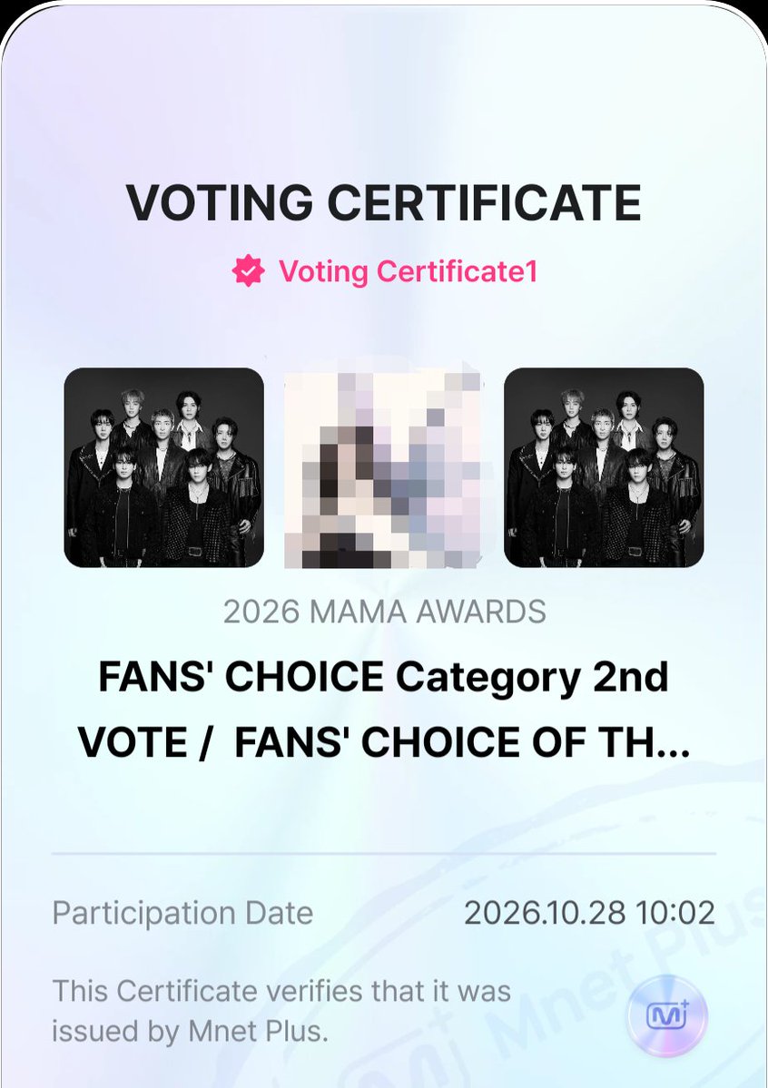 IdleSaturn7's tweet photo. ROUND 2 OF VOTING FOR MAMA HAS STARTED! 🔥🔥🔥

Roughly 5 hours 30 minutes until the reset!

THIS ⬇️ is how your voting certificates on MNET+ app NEED TO look...

🟣 Fans’ Choice Male (BONSANG 🏆), real-time ranking visible: BTS 💜

✅️ Fans’ Choice Female: any low-ranked/less known artist

🟣 Fans’ Choice of the Year with VISA (DAESANG 🏆), real-time ranking NOT VISIBLE: BTS 💜

Vote in Mnet+ app AND on X! Every single vote counts! 💪

🔗 https://t.co/ri9dEujOXD

I VOTE for #BTS at #2026MAMAVOTE