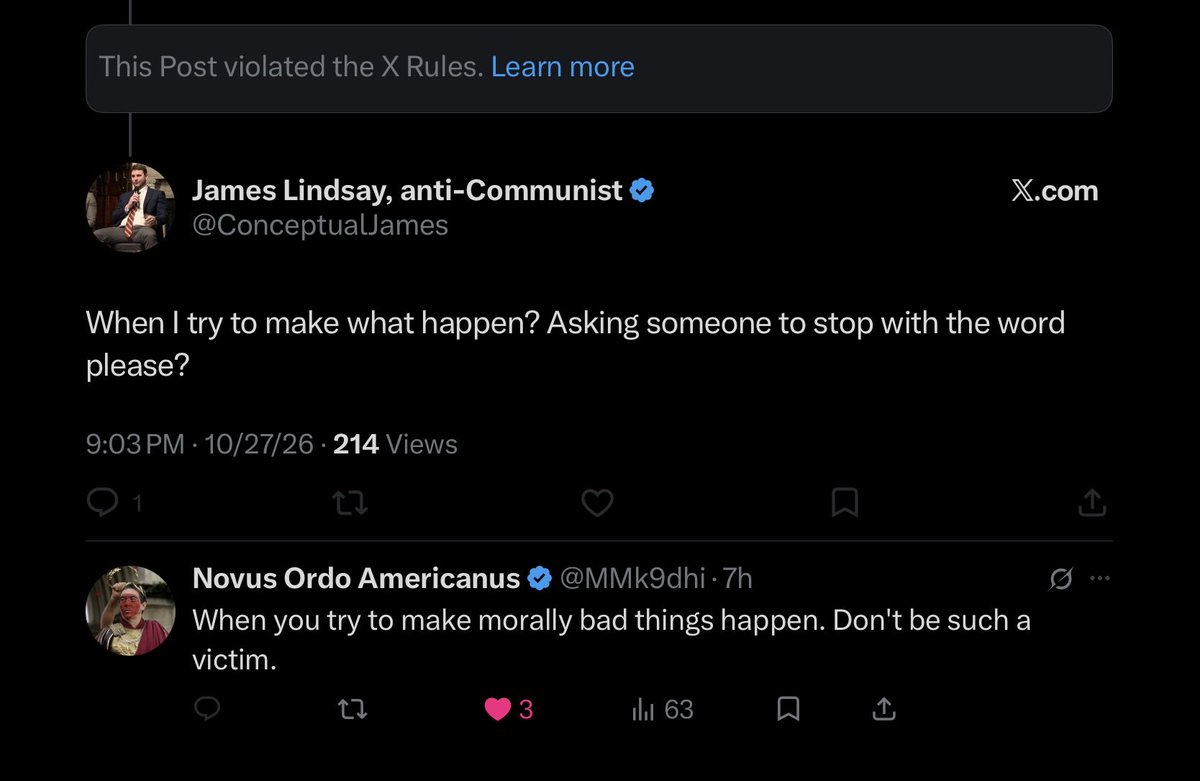 MmHabitual's tweet photo. So repeating back to James what he wrote 
is a violation of X rules. 🤔 https://t.co/1JB4GbSt3O