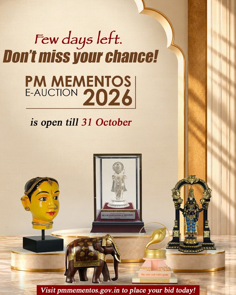 MinOfCultureGoI's tweet photo. The countdown is on! ⏳ 

PM Mementos E-Auction 2026 is open till 31 October. Place your bid at https://t.co/CQgU8U9mh3 today!

Proceeds will support the Namami Gange Programme.

#PMMementosEAuction #CultureUnitesAll https://t.co/drc6g7VMqA