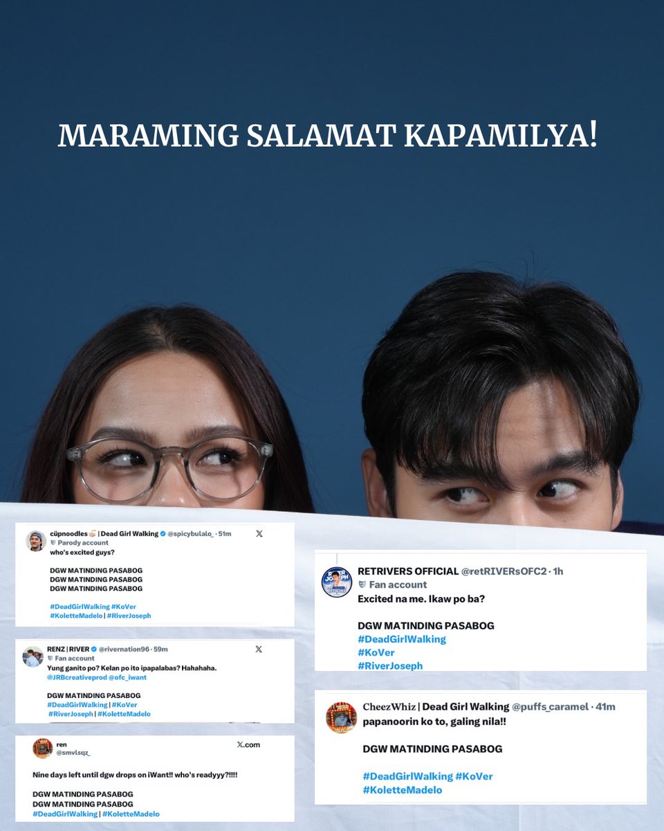 JRBcreativeprod's tweet photo. NAPA-NUMBER 1 NIYO NA NAMAN PO KAMI, KAPAMILYA! 🔥🖤

Grabe kayo! Maraming-maraming salamat sa walang sawang suporta at pagmamahal para sa #DeadGirlWalking! ❤️‍🔥

Patuloy nating abangan ang mga susunod na pasabog ng #KoVer! 👀

#DeadGirlWalking #KoVer #iWant https://t.co/ufyjHHUHWZ