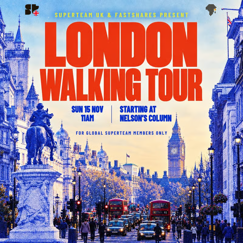 SuperteamUK's tweet photo. Fancy getting your steps in while seeing London's iconic landmarks and hidden history? 🇬🇧

We're teaming up with FastShares for a 12km guided walk through the city 

A time for Britishmaxxing + @superteam bonding before Breakpoint.

SUPERTEAM MEMBERS ONLY 🌍

Register before it's full!

https://t.co/9Eq4U1FBsR