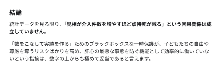 steaker606's tweet photo. AIが分析した結果です。

「児相が介入件数を増やすほど虐待死が減る」という因果関係は成立していません。 https://t.co/iHg20LTVPx