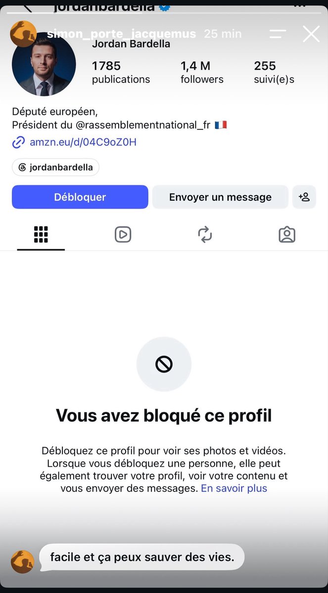 lola_baille's tweet photo. Simon Porte Jacquemus, grand nom de la mode française, affiche ce matin à ses 500 000 abonnés Instagram qu’il vient de bloquer Jordan Bardella sur Instagram. Avec la légende : « Facile et ça peut sauver des vies » . https://t.co/Mwaxj4NQQx
