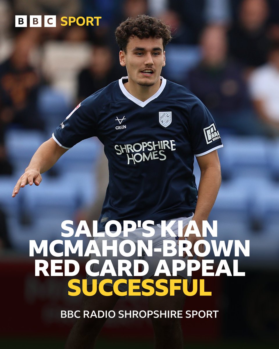 BBCShropSport's tweet photo. 👍 Shrewsbury's Kian McMahon-Brown will be available for Saturday's game against Gillingham after his red card against Rotherham has been overturned

📻 @BBCShropshire 

#BBCFootball | #Salop https://t.co/QKEwa5tcsO