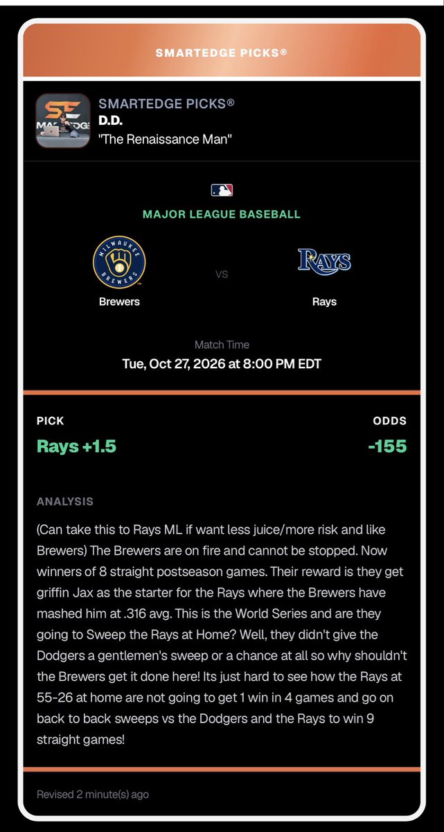 SmartEdgePicks's tweet photo. PERFECT 4-0 at 100% Here YESTERDAY! 
Knicks -1.5 ✅
Vegas Knights ML ✅
WE LADDERED TAMPA BAY! ✅
-Rays +1.5
-Rays ML 
Congratulations to all who parlayed! https://t.co/0a5Qf9bDHk