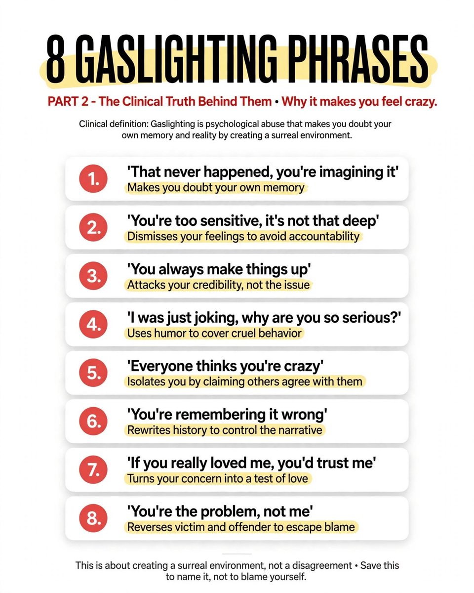 psychology_org's tweet photo. The clinical truth behind these 8 phrases:
• "That never happened, you're imagining it": Makes you question your own memory. When you hear this often, you start checking yourself instead of the situation.  • "You're too sensitive, it's not that deep": Dismisses your feelings to https://t.co/nGYaX63gNf