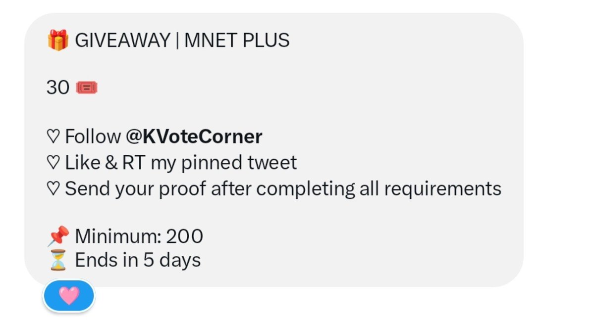 ksniconz_'s tweet photo. 🎁 GIVEAWAY | MNET PLUS

30 🎟

♡ Follow @IdovelleC
♡ Like &amp; RT my pinned tweet
♡ Send your proof after completing all requirements

📌 Minimum: 200
⏳ Ends in 5 days https://t.co/3PjUSD6gGl