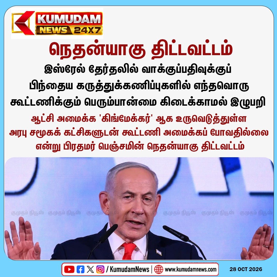 kumudamNews24x7's tweet photo. "அரபு கட்சிகளுடன் கூட்டணி இல்லை" - பெஞ்சமின் நெதன்யாகு திட்டவட்டம்
#IsraelElections2026 | #BenjaminNetanyahu | #Netanyahu | #IsraelPolitics | #ArabParties | #RaamParty | #JointList | #ExitPolls | #MiddleEastNews| #Kumudamnews24x7
To join our Whatsapp Channel: https://t.co/6WQtlcYx9L
For more news: https://t.co/qDr6ZXi0Za
For live updates: https://t.co/MyCAEGAQpJ