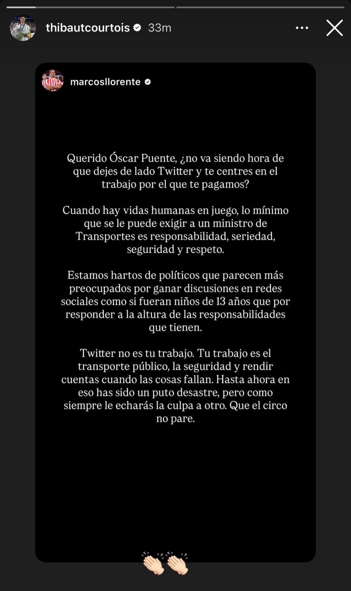 theMadridZone's tweet photo. 🚨 Thibaut Courtois reshares Marcos Llorente's reaction over the train incident in Spain. 💔 https://t.co/cI3KmKn3dc