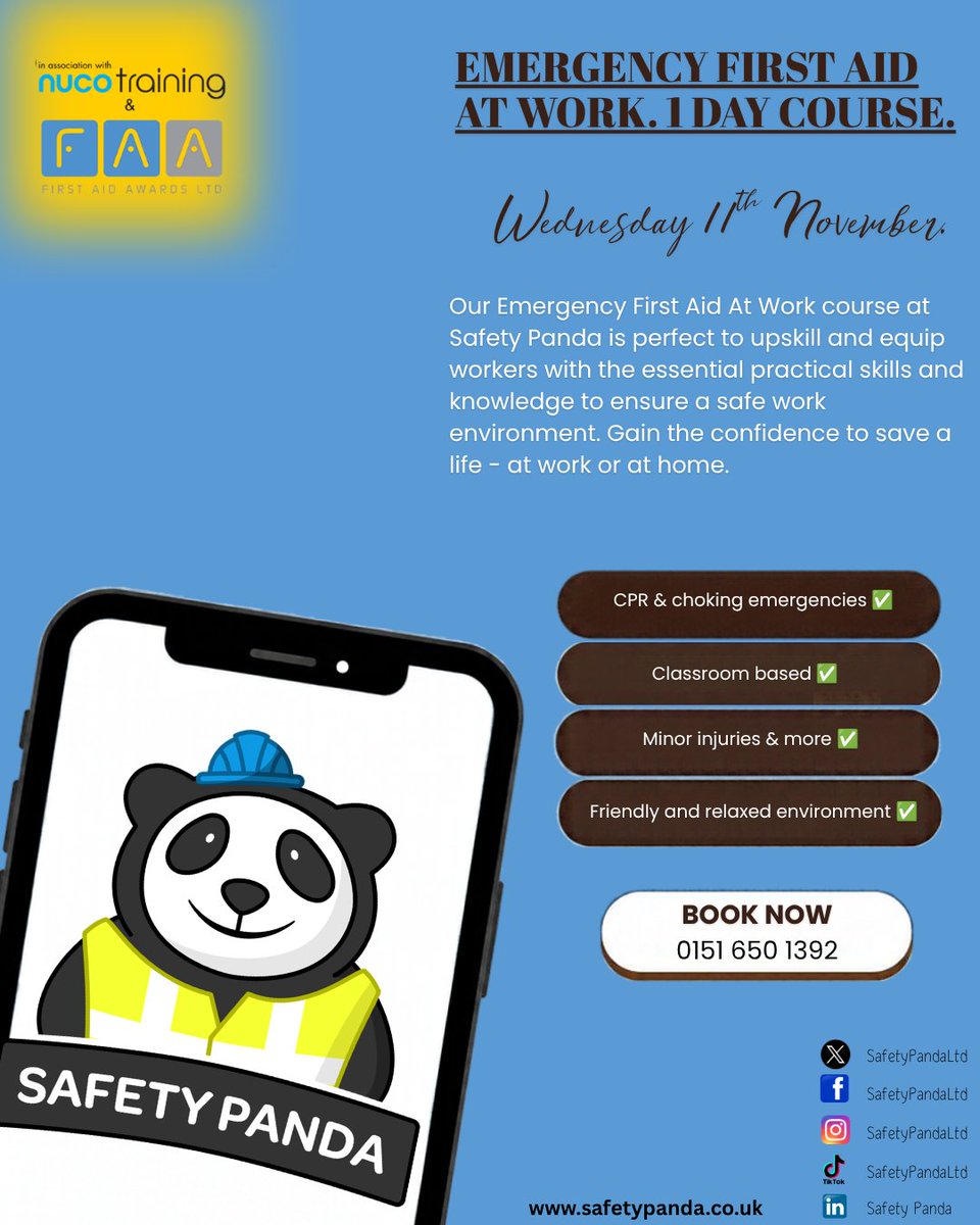 SafetyPandaLtd's tweet photo. Book in your Emergency first Aid At Work with Safety Panda 🐼⛑️
Book now, Limited spaces available!
#firstaidtraining #emergencyfirstaid #cprtraining #savealife #safetyfirst https://t.co/5FGngCr3D6