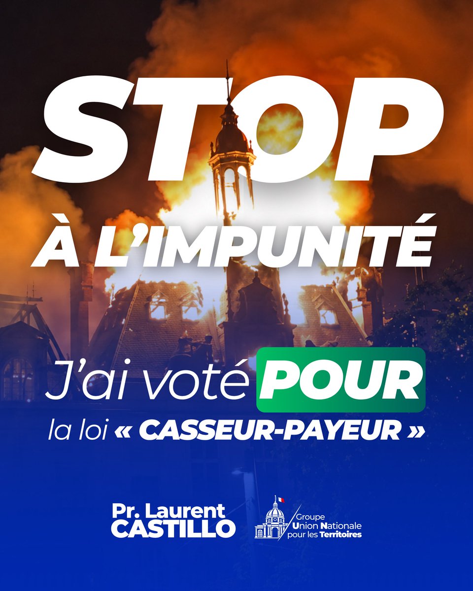 PrLCastillo's tweet photo. 🔴 STOP À L’IMPUNITÉ !

Au Sénat, avec mes collègues @GroupeUNT, j’ai voté pour la loi « casseur-payeur ».

Ce n’est pas aux contribuables de payer les dégradations des militants d’extrême gauche et des racailles.

Les casseurs doivent payer, pas les Français ! https://t.co/lobdCOFHcD