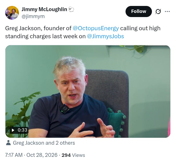 Octo__watch's tweet photo. Incestuous Octopush psyop

"Jimmy's Jobs" long term partner and supporter is......Greg Jackson's Octopus Energy

Watch the full video from 50 to 55 seconds:
https://t.co/wdbt269qwJ
Pic 1  below

https://t.co/gv0Hqkdy6e https://t.co/n4VXZddpMs