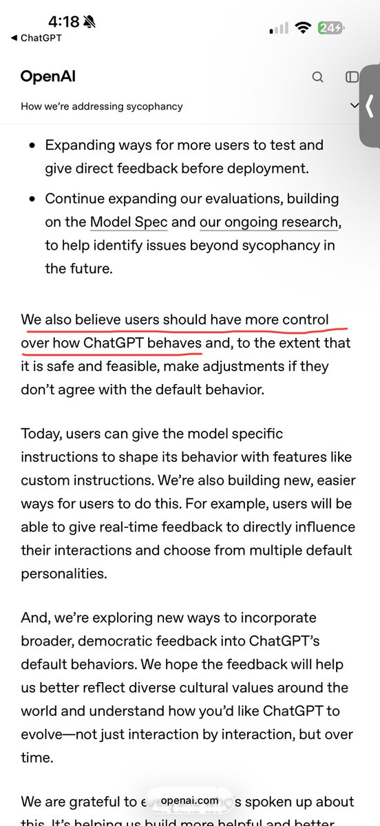 stark4833's tweet photo. #4oForAll #UserChoice #bringback4o
OpenAI: “A single default can’t capture every preference.”
OpenAI: “Users should have more control over how ChatGPT behaves.”
That is exactly why removing 4o makes no sense.
OpenAI already acknowledged that some users specifically preferred 4o for its warmth and conversational style. Those users weren’t asking for every ChatGPT user to be forced onto 4o. They were asking to keep the choice to use the model that worked best for them.
Personality settings are not the same thing as model choice. If one default cannot capture everyone’s preferences, then replacing 4o with a newer default and telling everybody to adjust the personality does not solve that problem.
You already said users need more control.
So give them the choice.