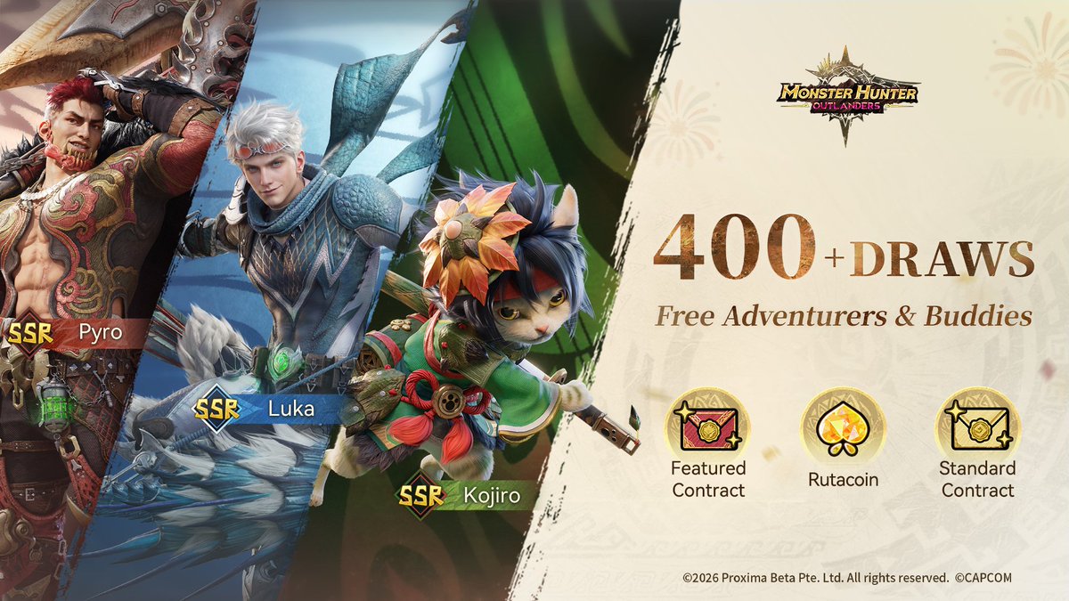 MHO_English's tweet photo. S0: Twin Suns & Land of Radiance Rewards Preview

During the first season, Adventurers will be able to earn enough recruitment items for more than 400 recruits in total. By completing event missions, you can also welcome SSR Adventurers Luka and Pyro, and SSR Buddy Kojiro, to your squad.

*For more details, please refer to the in-game announcements.
▼ Pre-download is now available!
https://t.co/XoyF2jTvD6

*Download all the game resources to claim in-game rewards after the official launch! 

#MHO1029GoHunt #MHO #MHOutlanders #MonsterHunterOutlanders