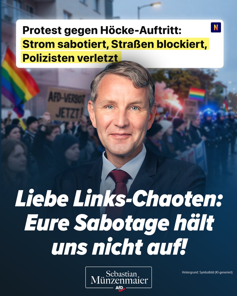 S_Muenzenmaier's tweet photo. In Jena wollten linke Chaoten Björn Höckes Bürgerdialog verhindern. Sie blockierten Straßen, verletzten vier Polizisten, sogar der Strom wurde sabotiert.

Höcke sprach trotzdem – ohne Mikro, im Halbdunkel.

Wer Argumente hat, braucht keine Sabotage. Wir haben sie und tragen sie vor, ob Antifa & Co. das passt oder nicht!

TM