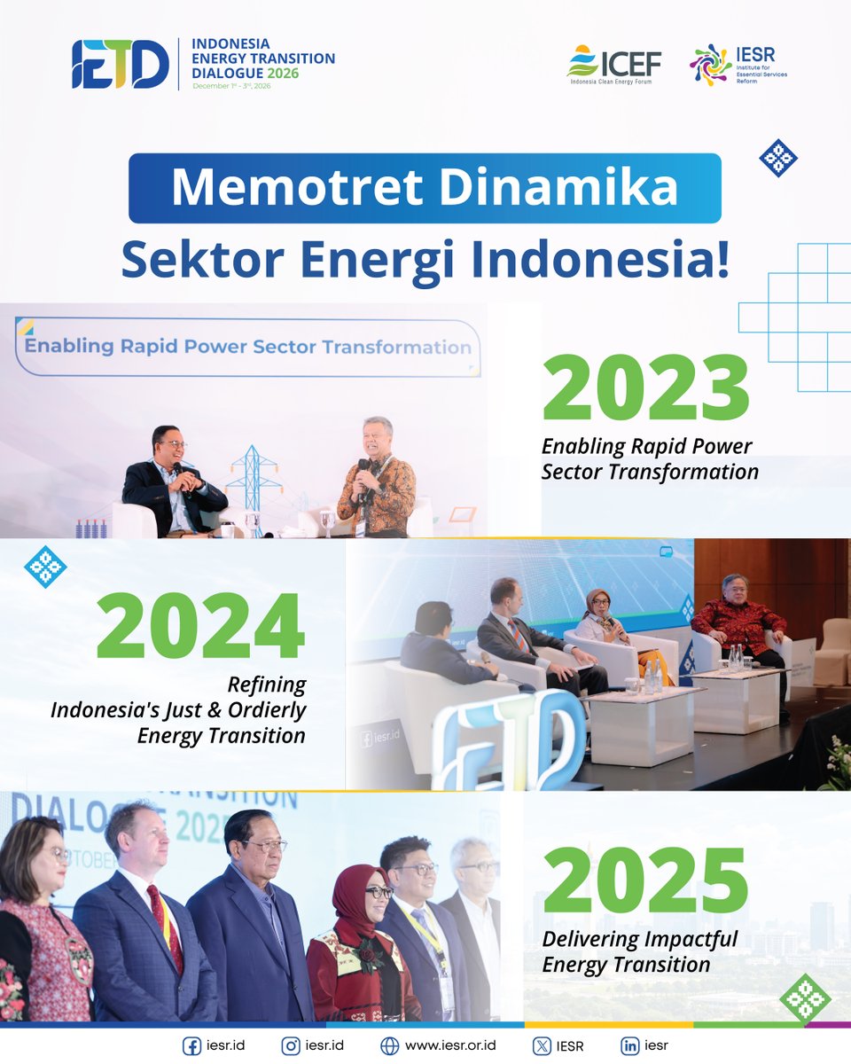 IESR's tweet photo. Sobat Essentials! ⚡The Indonesian government continues to push forward various energy initiatives. However, power outages and fuel shortages indicate that challenges regarding energy security still need to be addressed.

Through a series of cross-sector dialogues, the Indonesia Energy Transition Dialogue (IETD) 2026 will explore how transforming the energy sector can strengthen #EnergySecurity, drive economic growth, and boost Indonesia’s competitiveness.

Join us for #IETD2026!
📅 December 1–3, 2026
🔗 Check out the agenda and register at https://t.co/8OCzPWIiAe