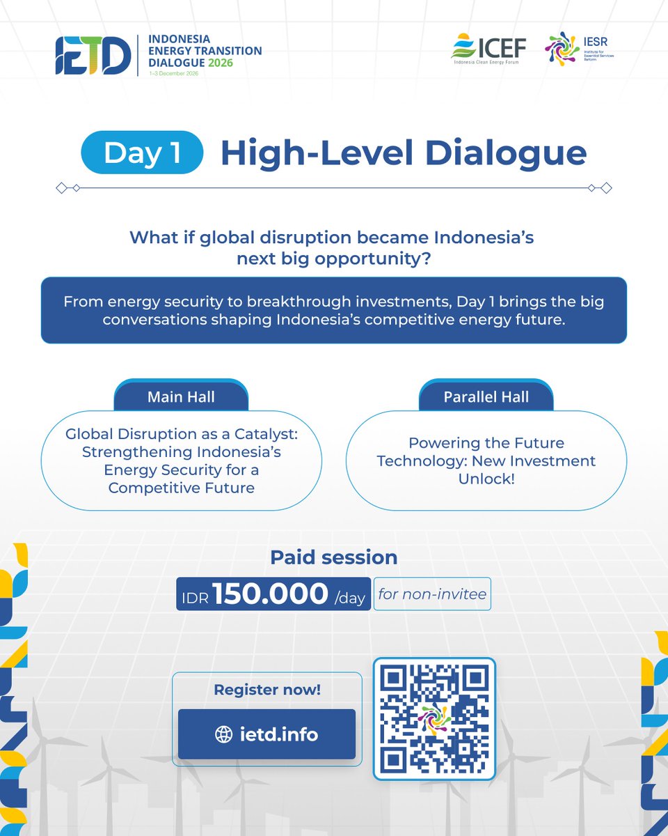 IESR's tweet photo. Sobat Essentials! ⚡The Indonesian government continues to push forward various energy initiatives. However, power outages and fuel shortages indicate that challenges regarding energy security still need to be addressed.

Through a series of cross-sector dialogues, the Indonesia Energy Transition Dialogue (IETD) 2026 will explore how transforming the energy sector can strengthen #EnergySecurity, drive economic growth, and boost Indonesia’s competitiveness.

Join us for #IETD2026!
📅 December 1–3, 2026
🔗 Check out the agenda and register at https://t.co/8OCzPWIiAe