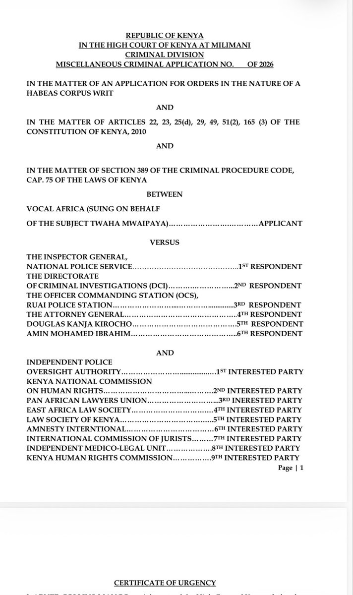Advocate_Jebra's tweet photo. VOCAL AFRICA (SUING ON BEHALF
OF THE SUBJECT TWAHA MWAIPAYA) VERSUS
THE INSPECTOR GENERAL,
NATIONAL POLICE SERVICE AND 5 OTHERS. https://t.co/HbG0jX9H03