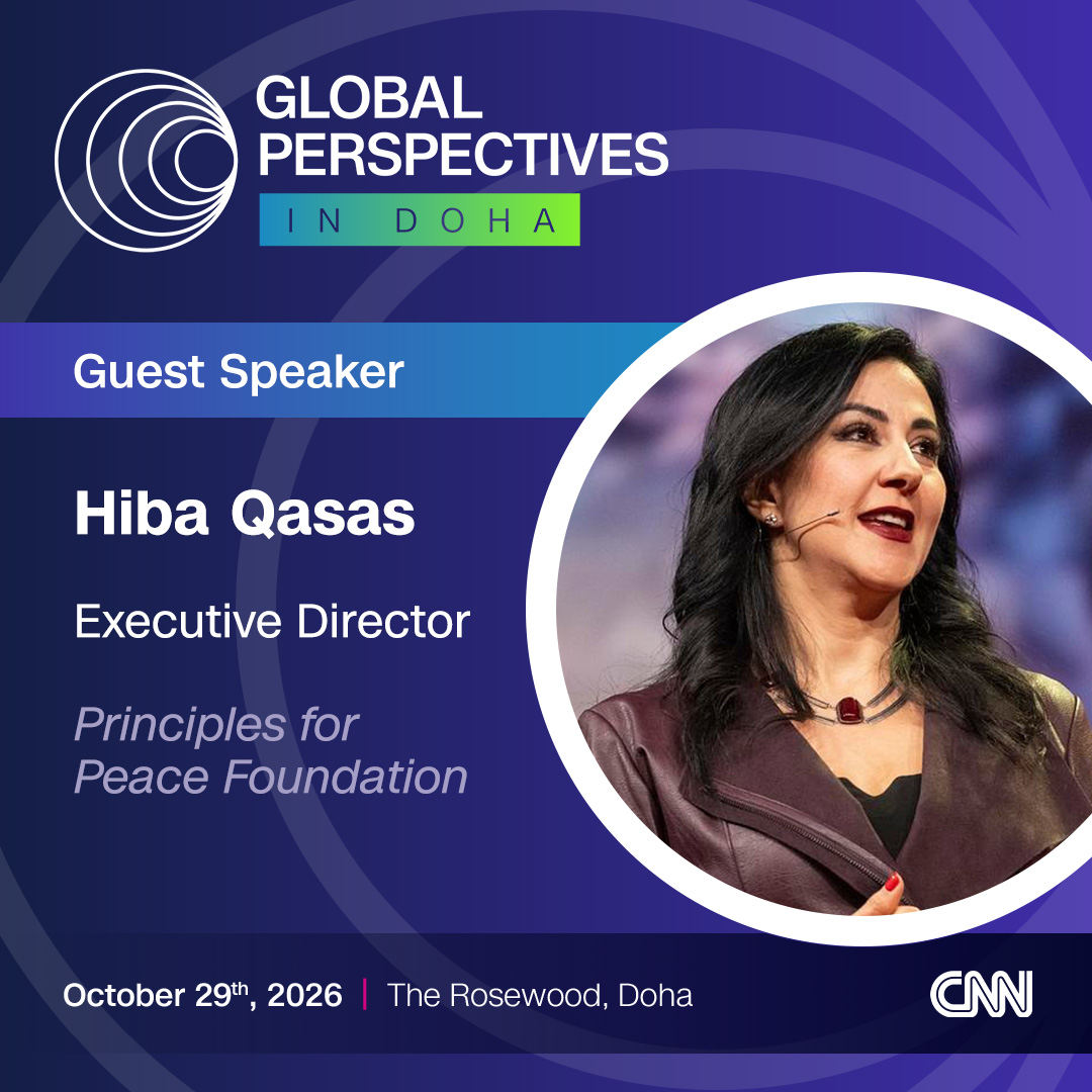 PrinciplesPeace's tweet photo. Following Israel’s elections, ahead of the US midterms &amp; amid shifting Middle East dynamics, @HibaQasas joins #CNNGlobalPerspectives in Doha to discuss crisis negotiations.

🗓️ 29 October
🕗 8:05 AM Geneva, 9:05 AM Jerusalem, 10:05 AM Doha

🔴 Watch live: https://t.co/MC7Rj2fM7g https://t.co/nhzqUGEwza