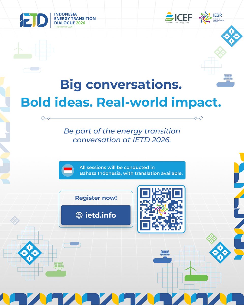 IESR's tweet photo. Do not forget to join us for the talks at #IETD2026!
📅 December 1–3, 2026
🔗 Check out the agenda and register at https://t.co/uMYqAqkr06 https://t.co/luitn3c9FB