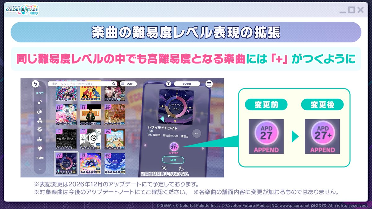 pj_sekai's tweet photo. アップデート情報📝

楽曲難易度レベルに「＋」が登場🎵
同じ難易度レベルの中で高難易度の楽曲には「＋」が表記されます✨

📺番組生配信中：https://t.co/rYeEeUUEAW
#プロセカ放送局 https://t.co/oSPtinizc7