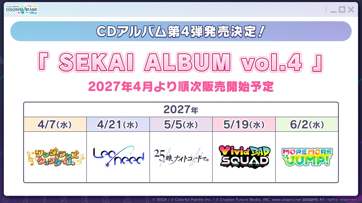 pj_sekai's tweet photo. 🌟SEKAI ALBUM vol.4
　　発売決定🌟

各ユニットごとに、セカイver.を収録したアルバムを発売✨
2027年4月より順次リリースしていきます✨

📺番組生配信中：https://t.co/rYeEeUUEAW
#プロセカ放送局 https://t.co/2sT2lBV94q