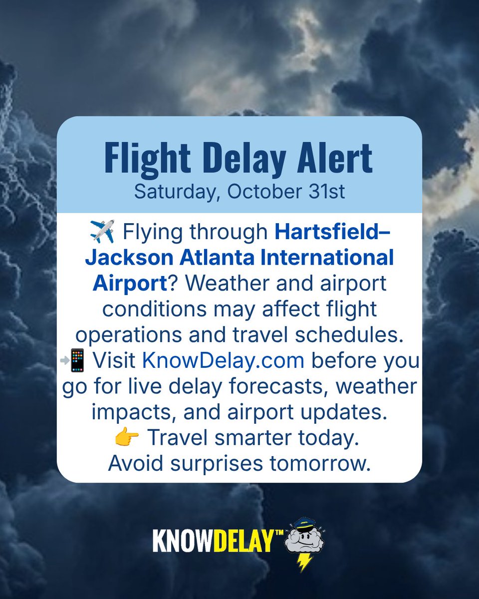 KnowDelay's tweet photo. ⚠️✈️ Atlanta travelers, don’t let unexpected delays throw your plans off course!
Weather and changing airport conditions could affect flights at @ATLairport. 🌦️
📲 Know before you go! Visit https://t.co/GZKkrx5WBc for real-time flight delay forecasts, weather impacts, and airport updates before heading out.
🧳 Check early. Plan smarter. Spend less time waiting!
#Atlanta #knowdelay