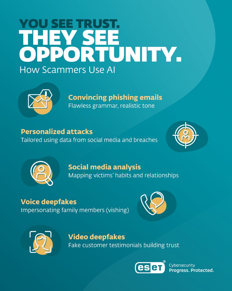 ESET's tweet photo. AI made scams smarter ⚠️​

Don’t let them catch you off guard.​

​So… what’s your next move? 👉 Think before you click.​

👉 Stay one step ahead: https://t.co/91qIAsRrth

​Choose ESET Cybersecurity.​

Expert-led.​ AI-powered.

#ESET #ProgressProtected https://t.co/XF5ig7Esvz