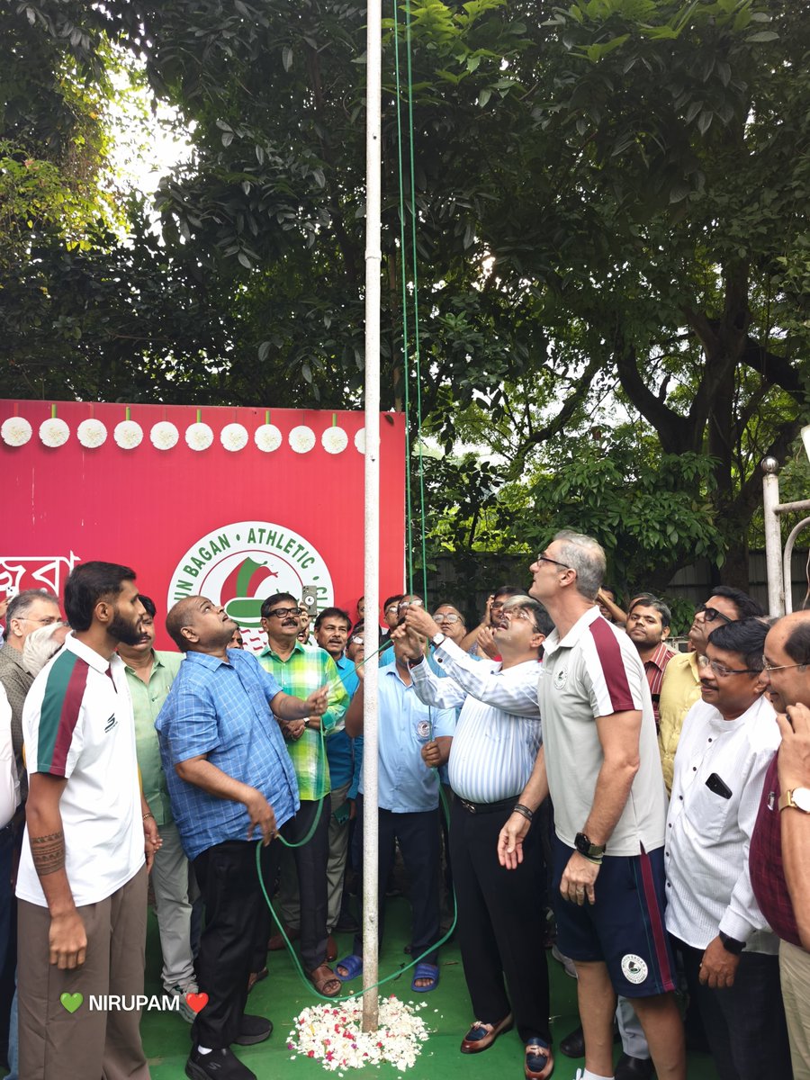 Mohun_Bagan's tweet photo. A proud day in the history of Mohun Bagan! 💚❤️

The Flag-Hoisting Ceremony celebrating our IFA Shield 2026–27 triumph was held today at the Club Lawn in the presence of our respected President, General Secretary and Executive Committee Members, Head Coach Mr Panagiotis Dilmperis https://t.co/9viwspEfSP