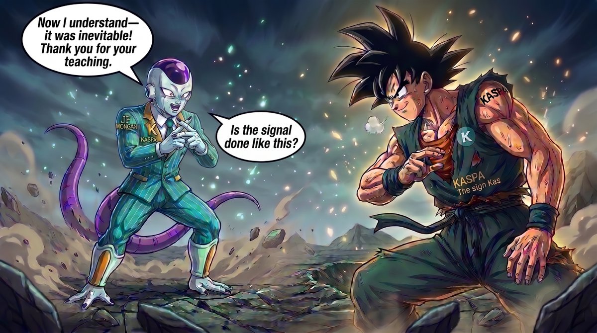 thesignkas's tweet photo. Not even Wall Street’s biggest giant could resist the power of the BlockDAG. ⚡💥The real strength wasn’t about destroying, but transforming: Goku channeled the pure energy of KASPA right through his hands, interlocking his fingers to unleash the ultimate sign.   The outcome? Even JP Morgan had to yield to the facts, rocking the green suit and throwing the sign. The inevitable has happened. 
✋✨   Join the movement:
🌐 Official Web: https://t.co/EkYSP1eVNU
💬 Official Telegram: https://t.co/v2BHAGBSbo
#TheSignKas #Kaspa #KAS #Crypto #BlockDAG #DragonBall
