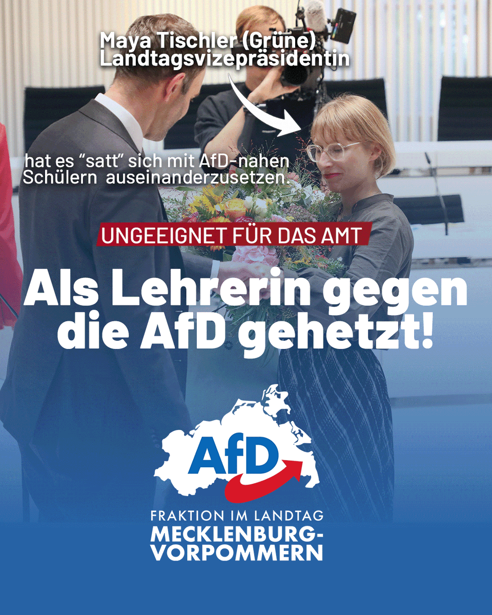 AfDFraktion_MV's tweet photo. +++ Maya Tischler (Grüne) ungeeignet für das Amt der Vize-Landtagspräsidentin! +++

Die Landtagsvizepräsidentin Maya Tischler erklärte auf einem Parteitag der Grünen, dass sie es leid sei, mit AfD-nahen Schülern über bestimmte politische Themen zu diskutieren und befürwortete ein Verbotsverfahren gegen die AfD.

Dies stellt einen eindeutigen Widerspruch zu den Anforderungen an ein parlamentarisches Spitzenamt dar. Eine Vize-Landtagspräsidentin muss auch gegenüber politischen Gegnern Respekt und Dialogbereitschaft zeigen sowie Neutralität verkörpern.

Wir halten Tischler aufgrund ihrer Äußerungen für ungeeignet, das Amt der Vize-Landtagspräsidentin auszuüben!