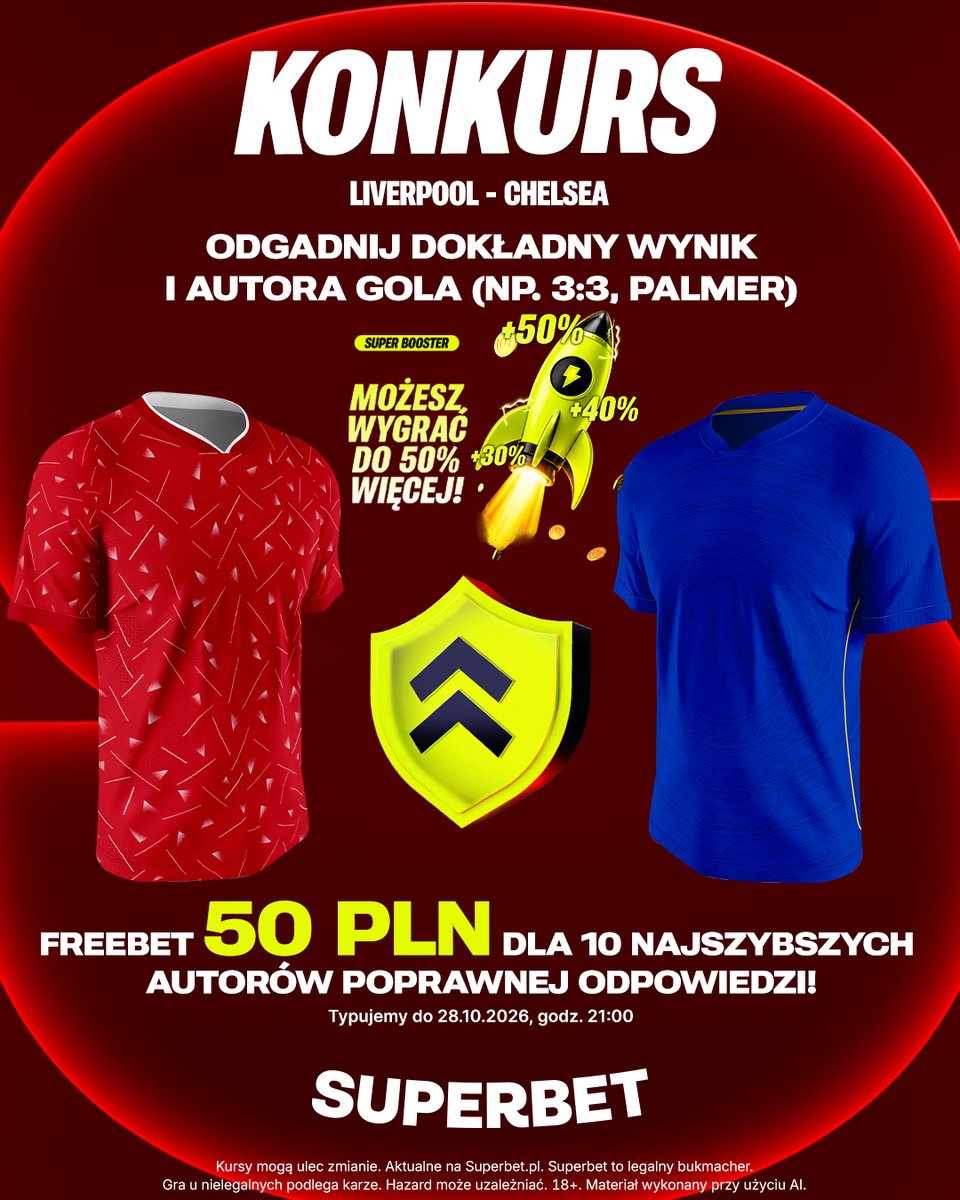 SuperbetPL's tweet photo. #KONKURS! Wytypuj w odpowiedziach dokładny wynik* oraz autora gola ⚽️ w meczu Liverpool - Chelsea i zgarnij freebet! #LIVCHE
-- 
✅ Zaobserwuj @SuperbetPL
❤️ Polub wpis i 🔄 podaj go dalej 
👤 Dodaj nick z Superbet 
🎁 Nagroda = FREEBET 50 PLN 
Regulamin: https://t.co/waaeG4Pxh3

*Pod uwagę brany jest wynik po regulaminowym czasie gry