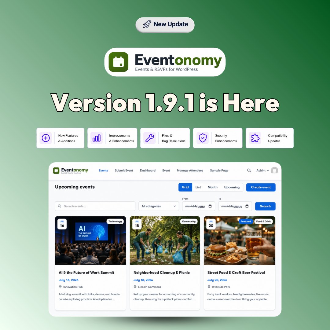 wbcomdesigns's tweet photo. Eventonomy v1.9.1 is live.
Sidebar widgets, [eventonomy_upcoming] shortcode, agenda speakers, multi-tier ticketing, and waitlist sync.

https://t.co/0vMrH8AsPZ

#Eventonomy #WordPress #EventManagement #WbcomDesigns https://t.co/JsPYvYchfE