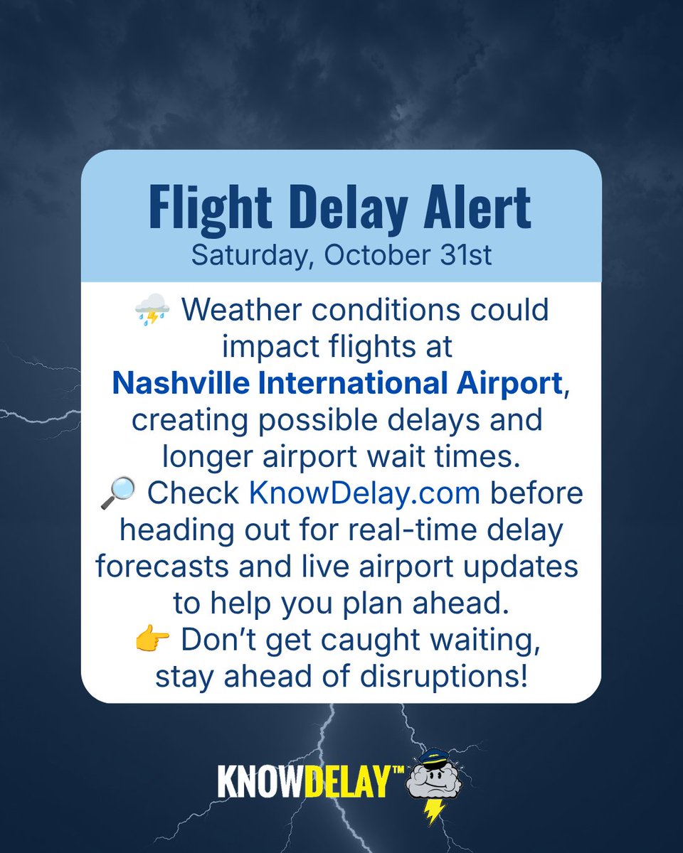 KnowDelay's tweet photo. ⛈️✈️ Nashville travelers, don’t let stormy skies put your plans on hold! ⚠️
Weather conditions could affect flights at @Fly_Nashville, bringing possible delays and longer waits.
📲 Check https://t.co/GZKkrx5oLE before you head out for real-time flight delay forecasts and airport updates.
🧳 Beat the surprise. Plan ahead. Travel smarter! ✈️
#Nashville #knowdelay