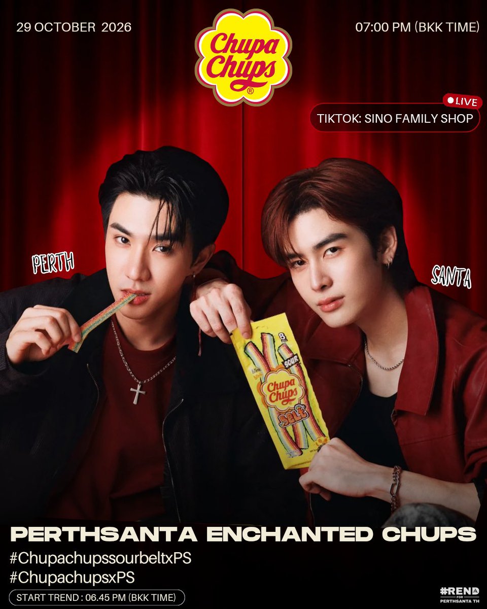 TrendforPS_TH's tweet photo. 📣𝑃𝐸𝑅𝑇𝐻𝑆𝐴𝑁𝑇𝐴 𝑇𝑟𝑒𝑛𝑑 𝑆𝑐ℎ𝑒𝑑𝑢𝑙𝑒 ⊹ ♡ 𐬹𓏸 

🖤 #ScheduleTrendforPS 🤍
#PerthSanta #เพิร์ธแซนต้า
@perthppe @Ppsanta 

✨Chupa Chups Sour Belt x Perth & Santa

🗓 29.10.2026
🔘 19.00 น. | 7PM [BKK TIME]
📍LIVE TIKTOK :  @ Sino Family Shop

🔑 : PERTHSANTA ENCHANTED CHUPS
#️⃣ : ChupachupssourbeltxPS
#️⃣ : ChupachupsxPS 
⏰Start trend: 18.45น. | 6.45PM [BKK TIME]

🖇 : https://t.co/Gj4LnOmah3
