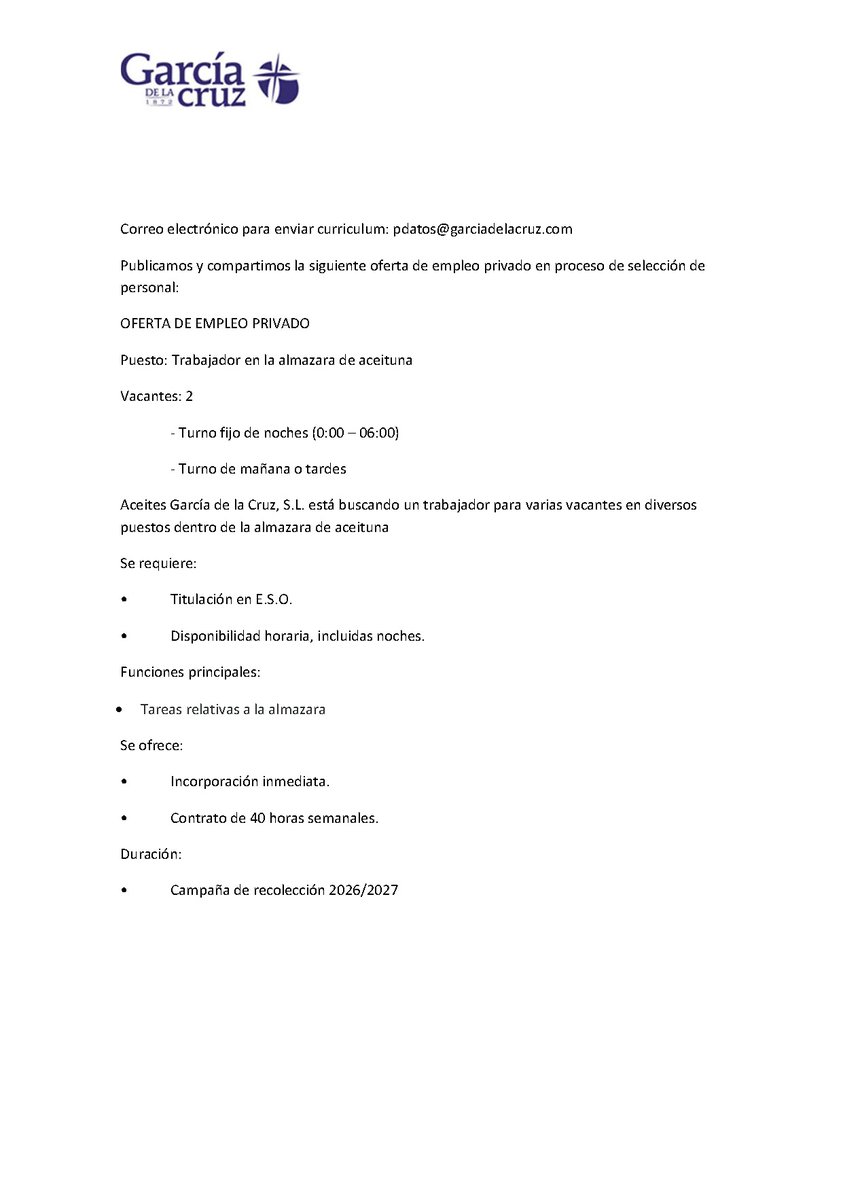 AytoConsuegra's tweet photo. 💼 Oferta de empleo privado: TRABAJADOR DE ALMAZARA (Aceites García de la Cruz)

🫒 Campaña de recolección 2026/2027

📧 Enviar CV ➡️ pdatos@garciadelacruz.com

👉https://t.co/Pcuh1FbYIA https://t.co/7h3i57Bn52