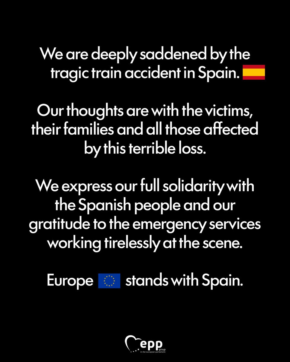 EPPGroup's tweet photo. Spain🇪🇸 is in our hearts today. Our deepest condolences to the families of the victims of the Toledo train accident. We wish the injured a swift recovery and thank the emergency teams for their tireless work. https://t.co/hwaS3RTMkJ