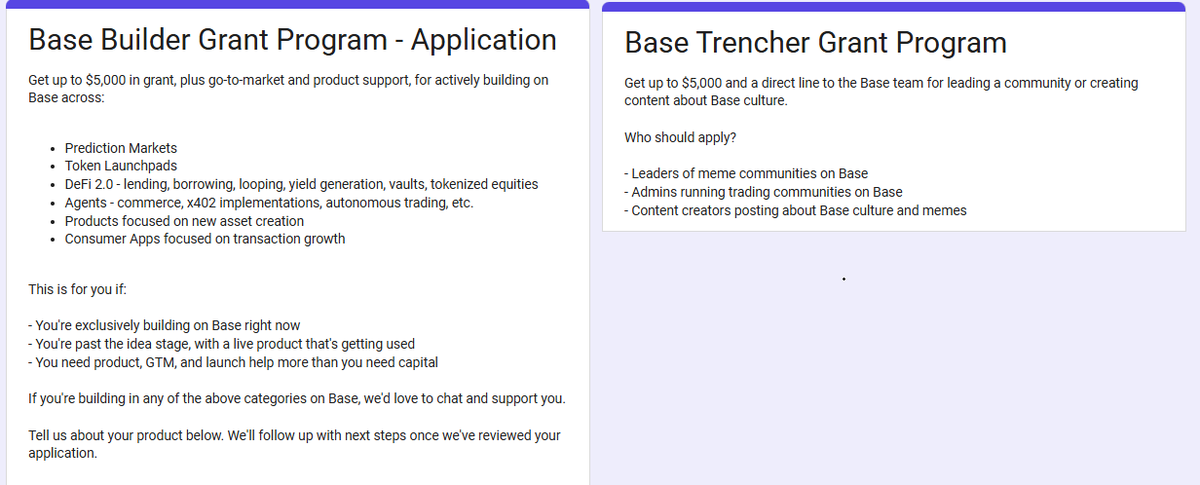 altagers's tweet photo. I’ve been building on Base for almost three years. Looking at the requirements of the two grant programs, I believe I fit the trencher grant better than the builder one. Is that ok?

I don’t have a transactional product, and you’re very unlikely to ever see a ticker or CA from me, though I do have clear communities and meaningful, quality reach.