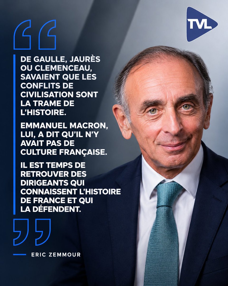 tvlofficiel's tweet photo. 👉​Eric Zemmour : « De Gaulle, Jaurès ou Clemenceau, savaient que les conflits de civilisation sont la trame de l'histoire. Emmanuel Macron, lui, a dit qu'il n'y avait pas de culture française. Il est temps de retrouver des dirigeants qui connaissent l'histoire de France et qui la défendent. »