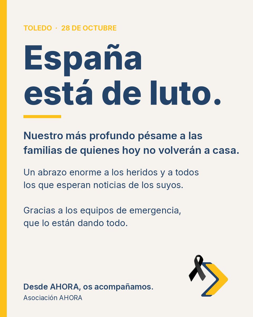 AhoraOrg_es's tweet photo. España está de luto 🖤

Todo nuestro pésame a las familias de las víctimas de Toledo, un abrazo a los heridos y gracias a quienes lo están dando todo para salvar vidas.

Estaremos pendientes a nueva información relacionada con el motivo del accidente. https://t.co/DznnAE6ZEu